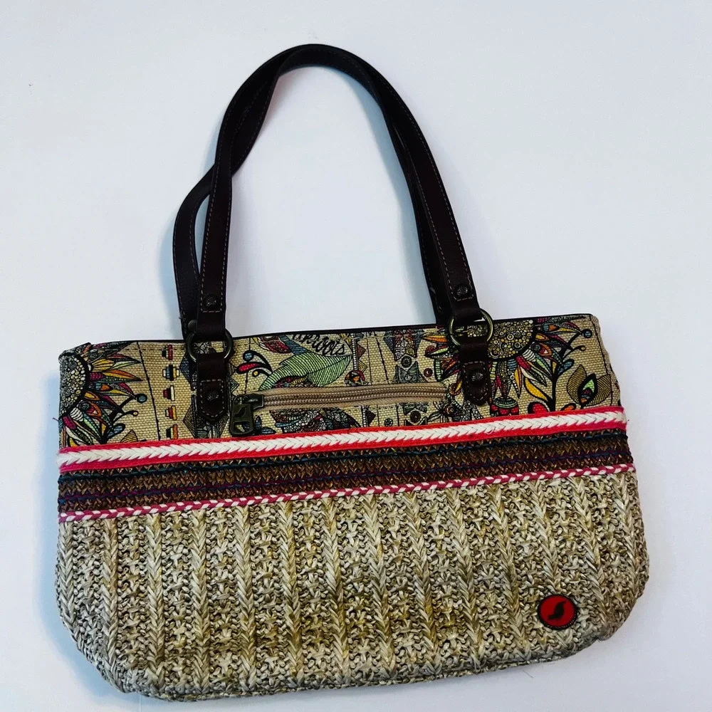 Sakroots Straw Satchel Bag Multicolor Print Tassels Boho Crossbody‎ Tote